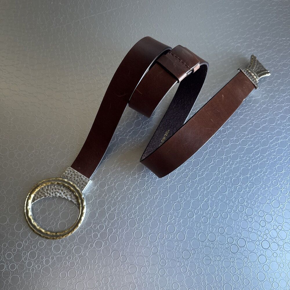 Chicos Leather Belt Brown Hammered Mixed Metal Slide Statement - Size M L